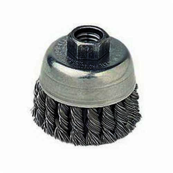 Mighty-Mite 13254 Single Row Cup Brush, 2-3/4 in Dia Brush, M10x1.5 Arbor Hole, 0.02 in Dia Filament/Wire, Standard/Twist Knot, Steel Fill