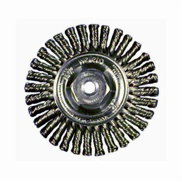 Mini Roughneck 13125 Narrow Face Wheel Brush With Nut, 4 in Dia Brush, 3/16 in W Face, 0.02 in Dia Stringer Bead Knot Filament/Wire, M10x1.25 Arbor Hole