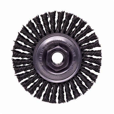Mini Roughneck 13128 Narrow Face Wheel Brush With Nut, 4 in Dia Brush, 3/16 in W Face, 0.02 in Dia Stringer Bead Knot Filament/Wire, 3/8-24 Arbor Hole