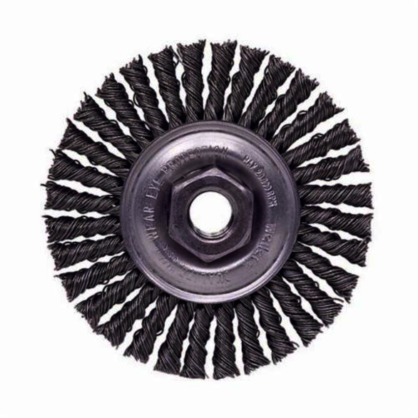 Mini Roughneck 13128 Narrow Face Wheel Brush With Nut, 4 in Dia Brush, 3/16 in W Face, 0.02 in Dia Stringer Bead Knot Filament/Wire, 3/8-24 Arbor Hole