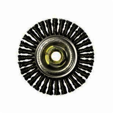 Mini Roughneck 13131 Narrow Face Wheel Brush With Nut, 4 in Dia Brush, 3/16 in W Face, 0.02 in Dia Stringer Bead Knot Filament/Wire, 5/8-11 Arbor Hole