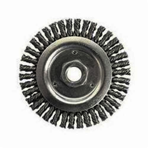Roughneck 13238 Narrow Face Wheel Brush With Nut, 4-1/2 in Dia Brush, 3/16 in W Face, 0.02 in Dia Stringer Bead Knot Filament/Wire, 5/8-11 Arbor Hole