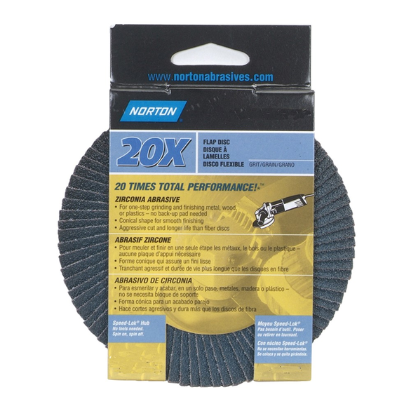 Norton® BlueFire 20X™ R884P High Performance Standard Density Coated Flap Disc, 7 in Dia, 5/8-11, 40/Coarse, Type 29