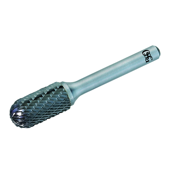 OSG 802-5000-60 Medium Tough Cut Single End Carbide Burr, Radius End, Cylindrical Ball End Head, 12 mm Dia Head, 25 mm L of Cut, 50 mm OAL, Medium Tough Cut