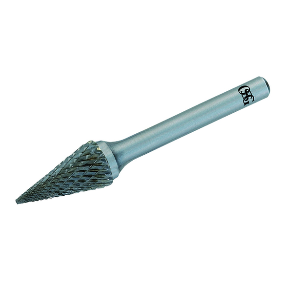 OSG 805-3750-60 Medium Tough Cut Single End Carbide Burr, Pointed End, Cone Head, 9 mm Dia Head, 16 mm L of Cut, 50 mm OAL, Medium Tough Cut