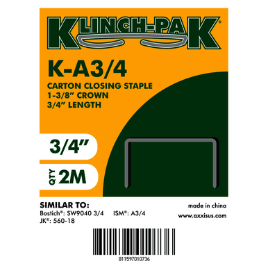 2M/Box, 10 Box/Carton, 3/4 x 1-3/8 in, Carton Closing, Staples