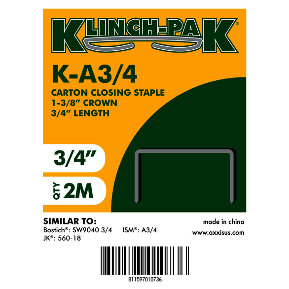 2M/Box, 10 Box/Carton, 3/4 x 1-3/8 in, Carton Closing, Staples