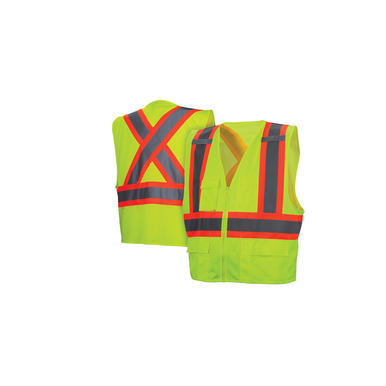 Pyramex® RCZ2410L Lightweight Safety Vest, L, Hi-Viz Lime, 120 gsm Solid Polyester Front/105 gsm Polyester Mesh Back, Zipper Closure, 8 Pockets, ANSI Class: Class 2, Specifications Met: ANSI/ISEA 107-2015 Type R, CSA Z96-15