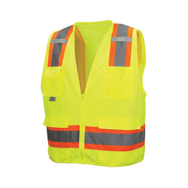 Pyramex® RCZ2410X3 Lightweight Safety Vest, 3XL, Hi-Viz Lime, 120 gsm Solid Polyester Front/105 gsm Polyester Mesh Back, Zipper Closure, 8 Pockets, ANSI Class: Class 2, Specifications Met: ANSI/ISEA 107-2015 Type R, CSA Z96-15