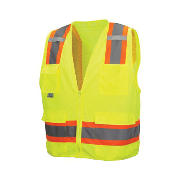 Pyramex® RCZ2410X4 Lightweight Safety Vest, 4XL, Hi-Viz Lime, 120 gsm Solid Polyester Front/105 gsm Polyester Mesh Back, Zipper Closure, 8 Pockets, ANSI Class: Class 2, Specifications Met: ANSI/ISEA 107-2015 Type R, CSA Z96-15