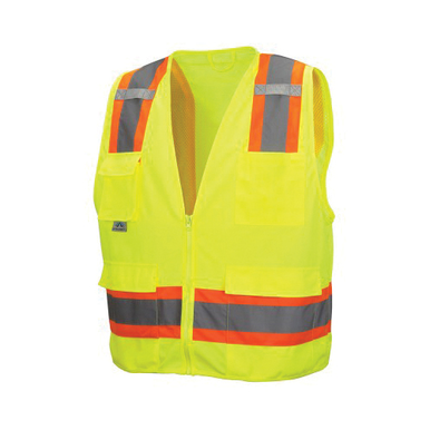 Pyramex® RCZ2410XL Lightweight Safety Vest, XL, Hi-Viz Lime, 120 gsm Solid Polyester Front/105 gsm Polyester Mesh Back, Zipper Closure, 8 Pockets, ANSI Class: Class 2, Specifications Met: ANSI/ISEA 107-2015 Type R, CSA Z96-15