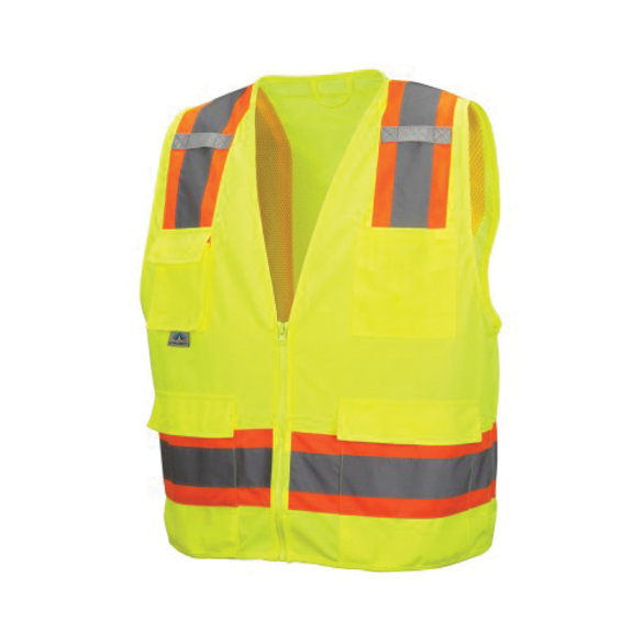 Pyramex® RCZ2410XL Lightweight Safety Vest, XL, Hi-Viz Lime, 120 gsm Solid Polyester Front/105 gsm Polyester Mesh Back, Zipper Closure, 8 Pockets, ANSI Class: Class 2, Specifications Met: ANSI/ISEA 107-2015 Type R, CSA Z96-15