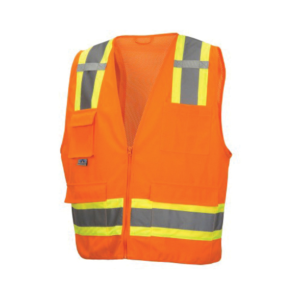 Pyramex® RCZ2420X4 Lightweight Safety Vest, 4XL, Hi-Viz Orange, 120 gsm Solid Polyester Front/105 gsm Polyester Mesh Back, Zipper Closure, 8 Pockets, ANSI Class: Class 2, Specifications Met: ANSI/ISEA 107-2015 Type R, CSA Z96-15