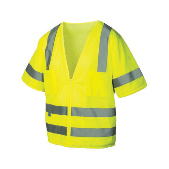 Pyramex® RVZ3110X2 Lightweight Safety Vest, 2XL, Hi-Viz Lime, 105 gsm Polyester Mesh, Zipper Closure, 7 Pockets, ANSI Class: Class 3, Specifications Met: ANSI/ISEA 107-2015 Type R