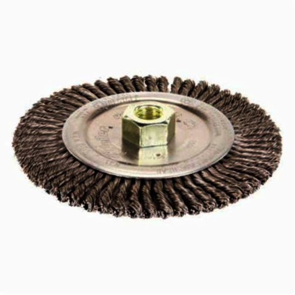 Roughneck 09400V Narrow Face Root Pass Vending Ready Wheel Brush With Nut, 6 in Dia Brush, 3/16 in W Face, 0.02 in Dia Stringer Bead Knot Filament/Wire, 5/8-11 Arbor Hole