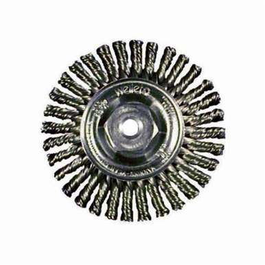 Roughneck 13124 Narrow Face Wheel Brush With Nut, 4 in Dia Brush, 3/16 in W Face, 0.02 in Dia Stringer Bead Knot Filament/Wire, 1/2 to 3/8 in Arbor Hole