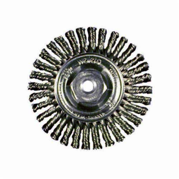 Roughneck 13124 Narrow Face Wheel Brush With Nut, 4 in Dia Brush, 3/16 in W Face, 0.02 in Dia Stringer Bead Knot Filament/Wire, 1/2 to 3/8 in Arbor Hole
