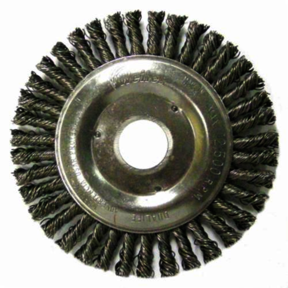 Roughneck 08750 Narrow Face Root Pass Wheel Brush, 5 in Dia Brush, 3/16 in W Face, 0.02 in Dia Stringer Bead Knot Filament/Wire, 7/8 in Arbor Hole