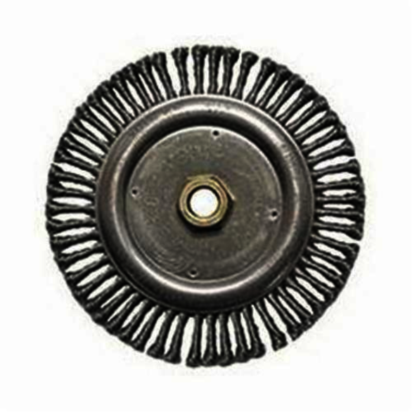 Roughneck 09000 Narrow Face Filler Pass Wheel Brush With Nut, 7 in Dia Brush, 3/16 in W Face, 0.02 in Dia Stringer Bead Knot Filament/Wire, 5/8-11 Arbor Hole