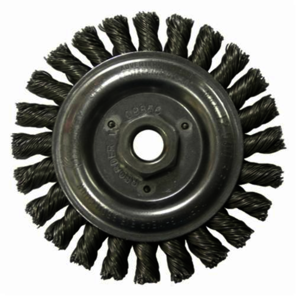 Roughneck 09866 Narrow Face Filler Pass Wheel Brush With Nut, 5 in Dia Brush, 1/2 in W Face, 0.023 in Dia Stringer Bead Knot Filament/Wire, 5/8-11 Arbor Hole