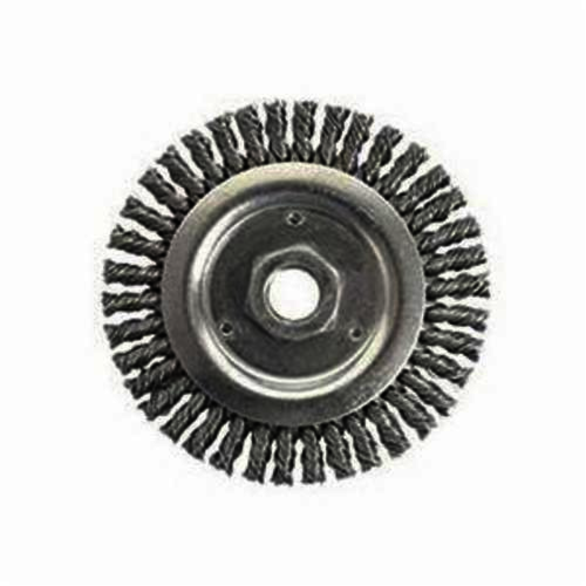 Weiler 13233 Narrow Face Root Pass Wheel Brush With Nut, 4-1/2 in Dia Brush, 3/16 in W Face, 0.02 in Dia Stringer Bead Knot Filament/Wire, M14x2 Arbor Hole