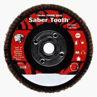 Saber Tooth 50105V Premium Vending Ready Coated Abrasive Flap Disc, 4-1/2 in Dia, 40 Grit, Coarse Grade, Ceramic Alumina Abrasive, Type 29/Angled Disc