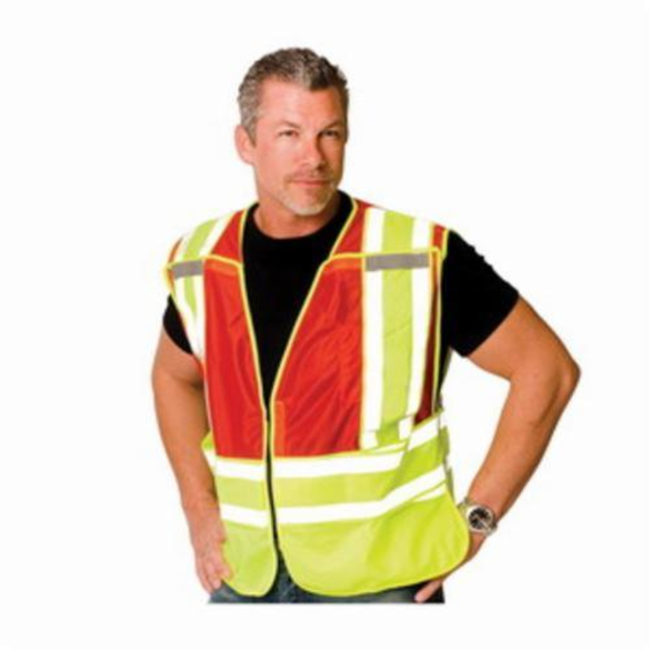 PIP® SafetyGear 302-PSV-RED-NL-2X/5X Public Safety Vest, 2XL/5XL, Red/Hi-Viz Lime Yellow, Polyester, Zipper Front Closure, 2 Pockets, ANSI Class: Class 2, ANSI 207-2011 Type P