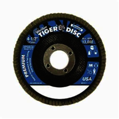 Tiger 50514V Close Premium Vending Ready Coated Abrasive Flap Disc, 4-1/2 in Dia, 7/8 in Center Hole, 60 Grit, Medium Grade, Zirconia Alumina Abrasive, Type 29/Angled Disc