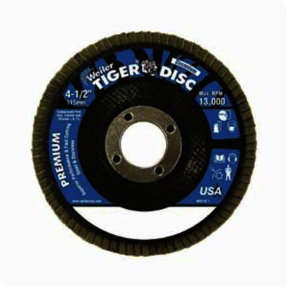 Tiger 50514V Close Premium Vending Ready Coated Abrasive Flap Disc, 4-1/2 in Dia, 7/8 in Center Hole, 60 Grit, Medium Grade, Zirconia Alumina Abrasive, Type 29/Angled Disc