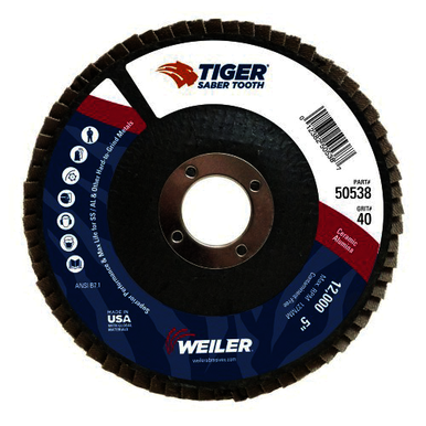 Tiger 50538 Maximum Performance Standard Density Top Coated Abrasive Flap Disc, 5 in Dia Disc, 7/8 in Center Hole, 40 Grit, Coarse Grade, Ceramic Alumina Abrasive, Type 29 Conical Saber Tooth Disc