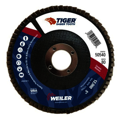 Tiger 50540 Maximum Performance Standard Density Top Coated Abrasive Flap Disc, 5 in Dia Disc, 7/8 in Center Hole, 80 Grit, Medium Coarse Grade, Ceramic Alumina Abrasive, Type 29 Conical Saber Tooth Disc