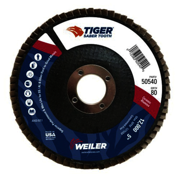 Tiger 50540 Maximum Performance Standard Density Top Coated Abrasive Flap Disc, 5 in Dia Disc, 7/8 in Center Hole, 80 Grit, Medium Coarse Grade, Ceramic Alumina Abrasive, Type 29 Conical Saber Tooth Disc