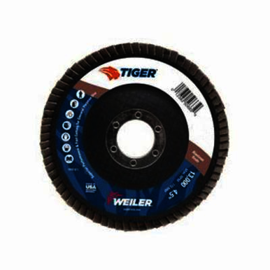 Tiger 50601 Premium Coated Abrasive Flap Disc, 4-1/2 in Dia, 7/8 in Center Hole, 24 Grit, Very Coarse Grade, Zirconia Alumina Abrasive, Type 29/Angled Disc