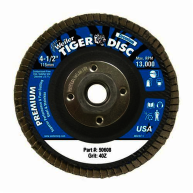 Tiger 50699 Premium Coated Abrasive Flap Disc, 4-1/2 in Dia, 120 Grit, Fine Grade, Zirconia Alumina Abrasive, Type 27/Flat Disc