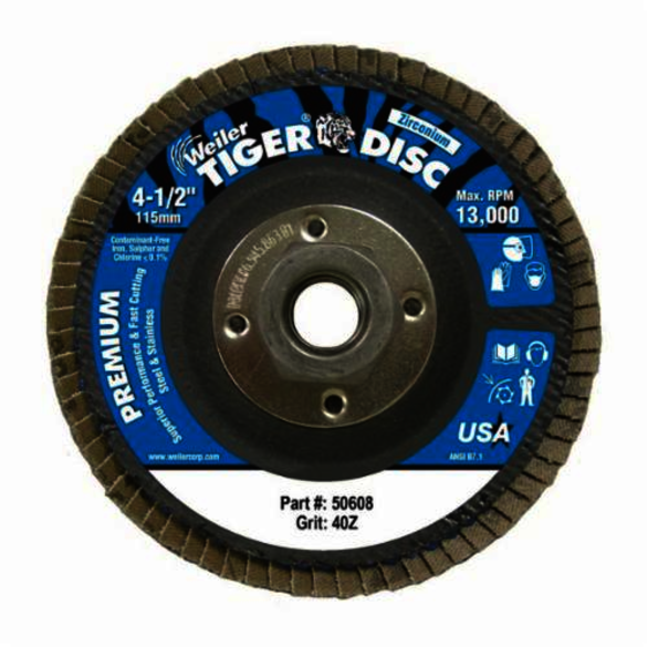 Tiger 50699 Premium Coated Abrasive Flap Disc, 4-1/2 in Dia, 120 Grit, Fine Grade, Zirconia Alumina Abrasive, Type 27/Flat Disc