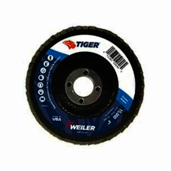 Tiger 50651 Premium Coated Abrasive Flap Disc, 6 in Dia, 7/8 in Center Hole, 80 Grit, Medium Grade, Zirconia Alumina Abrasive, Type 29/Angled Disc