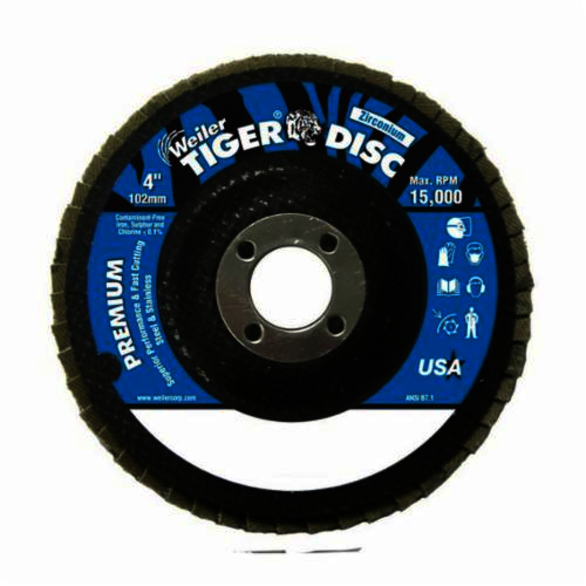 Tiger 50695 Premium Coated Abrasive Flap Disc, 4 in Dia, 5/8 in Center Hole, 80 Grit, Medium Grade, Zirconia Alumina Abrasive, Type 27/Flat Disc