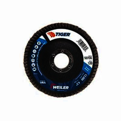 Tiger 50706 Premium Coated Abrasive Flap Disc, 4-1/2 in Dia, 7/8 in Center Hole, 120 Grit, Fine Grade, Zirconia Alumina Abrasive, Type 27/Flat Disc