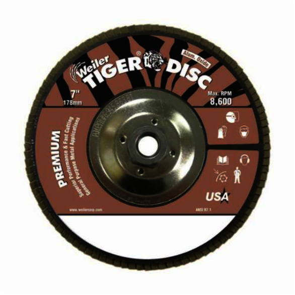 Tiger 50746 Premium Coated Abrasive Flap Disc, 7 in Dia, 120 Grit, Fine Grade, Zirconia Alumina Abrasive, Type 27/Flat Disc