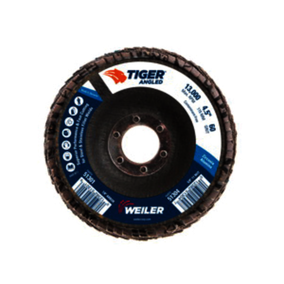 Tiger 51301 Coated Abrasive Flap Disc, 4-1/2 in Dia, 7/8 in Center Hole, 60 Grit, Medium Grade, Zirconia Alumina Abrasive, Type 27/Angled Disc