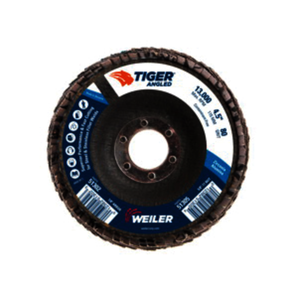 Tiger 51302 Coated Abrasive Flap Disc, 4-1/2 in Dia, 7/8 in Center Hole, 80 Grit, Medium Grade, Zirconia Alumina Abrasive, Type 27/Angled Disc