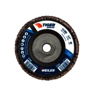 Tiger 51303 Coated Abrasive Flap Disc, 4-1/2 in Dia, 40 Grit, Coarse Grade, Zirconia Alumina Abrasive, Type 27/Angled Disc