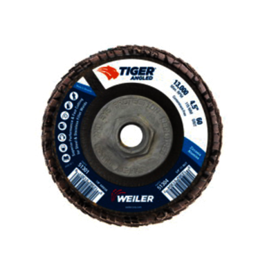 Tiger 51304 Coated Abrasive Flap Disc, 4-1/2 in Dia, 60 Grit, Medium Grade, Zirconia Alumina Abrasive, Type 27/Angled Disc