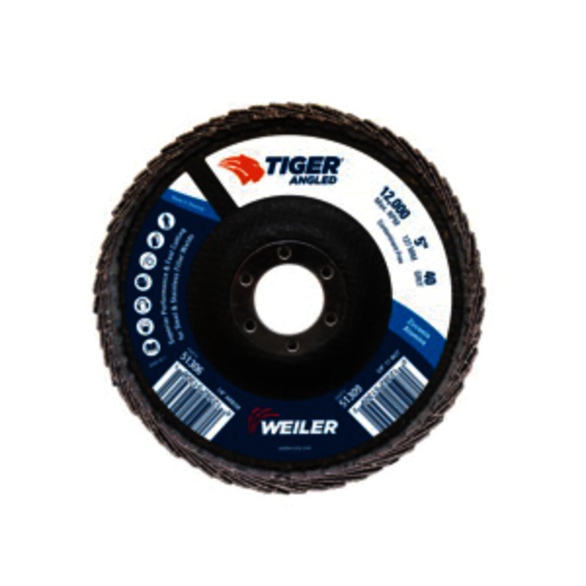 Tiger 51306 Coated Abrasive Flap Disc, 5 in Dia, 7/8 in Center Hole, 40 Grit, Coarse Grade, Zirconia Alumina Abrasive, Type 27/Angled Disc