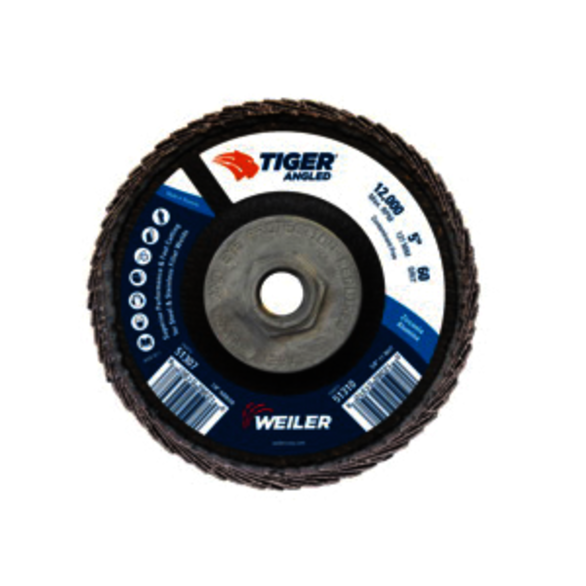 Tiger 51310 Coated Abrasive Flap Disc, 5 in Dia, 60 Grit, Medium Grade, Zirconia Alumina Abrasive, Type 27/Angled Disc