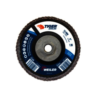 Tiger 51311 Coated Abrasive Flap Disc, 5 in Dia, 80 Grit, Medium Grade, Zirconia Alumina Abrasive, Type 27/Angled Disc