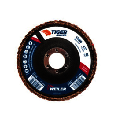 Tiger 51314 Coated Abrasive Flap Disc, 4-1/2 in Dia, 7/8 in Center Hole, 80 Grit, Medium Grade, Ceramic Alumina Abrasive, Type 27/Angled Disc