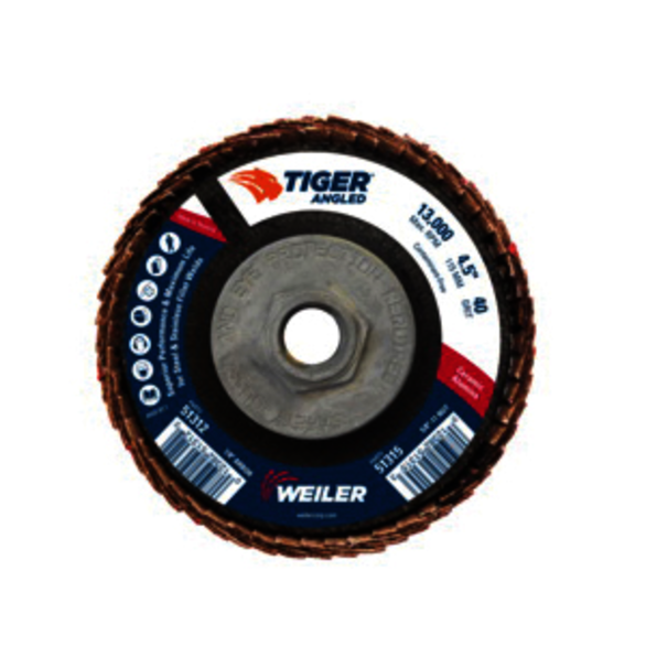 Tiger 51315 Coated Abrasive Flap Disc, 4-1/2 in Dia, 40 Grit, Coarse Grade, Ceramic Alumina Abrasive, Type 27/Angled Disc