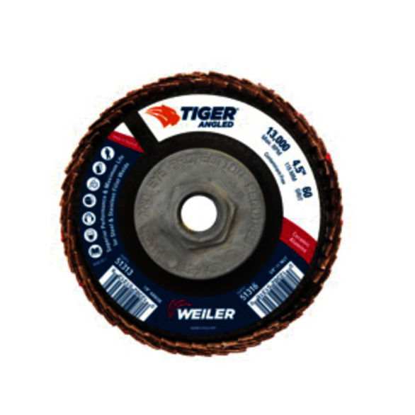 Tiger 51316 Coated Abrasive Flap Disc, 4-1/2 in Dia, 60 Grit, Medium Grade, Ceramic Alumina Abrasive, Type 27/Angled Disc