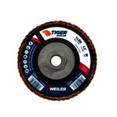 Tiger 51317 Coated Abrasive Flap Disc, 4-1/2 in Dia, 80 Grit, Medium Grade, Ceramic Alumina Abrasive, Type 27/Angled Disc